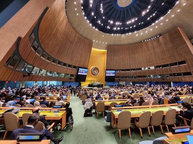 圖為聯(lián)合國大會廳締約國大會一般性辯論現(xiàn)場